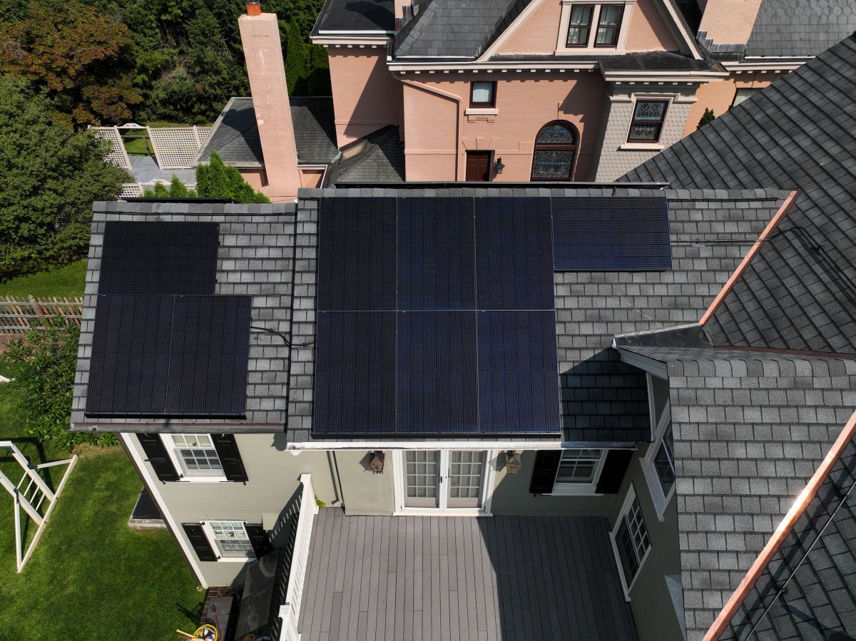Aerial view of a solar system on a roof