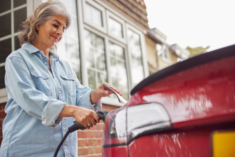 Woman Attaching Charging Cable To Environmentally Friendly Zero Emission Electric Car At Home