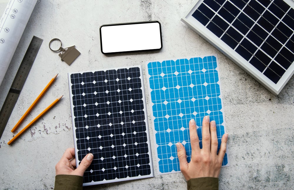 Two hands holding different solar panel samples on a table in Berwyn, PA, with pencils, a smartphone, rolled papers, and a keychain nearby—highlighting the benefits of solar energy.