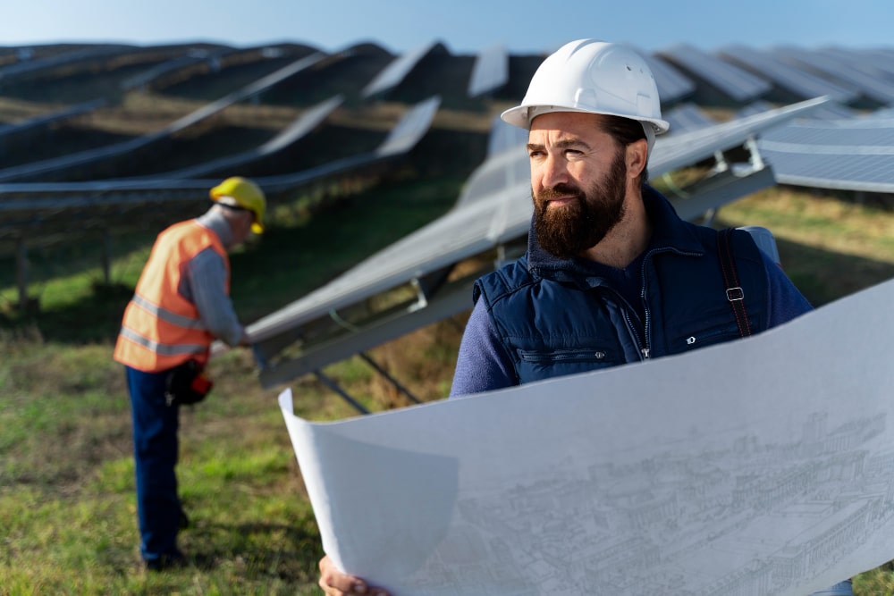 Engineer in white helmet navigating the solar process with blueprints at a solar panel site, with another worker inspecting panels in the background.