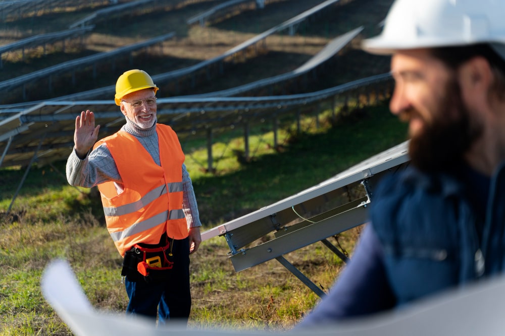 Two engineers in hard hats and high-visibility vests discuss solar installation at a solar farm, one holding plans and the other gesturing.