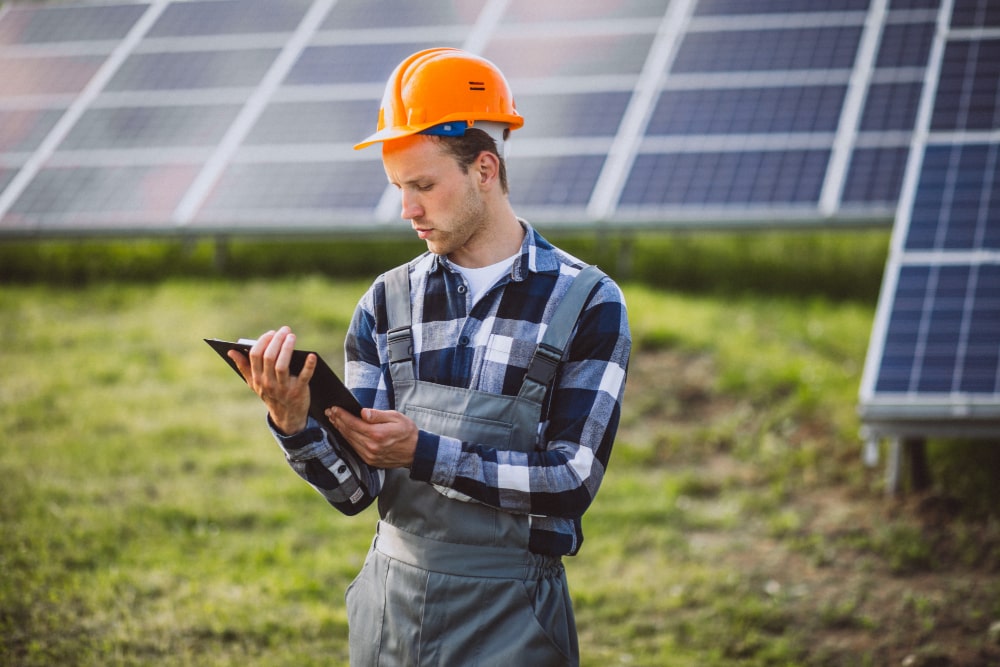 A person wearing a hard hat and overalls stands outdoors near a solar panel system in Berwyn, PA, holding and looking at a tablet.